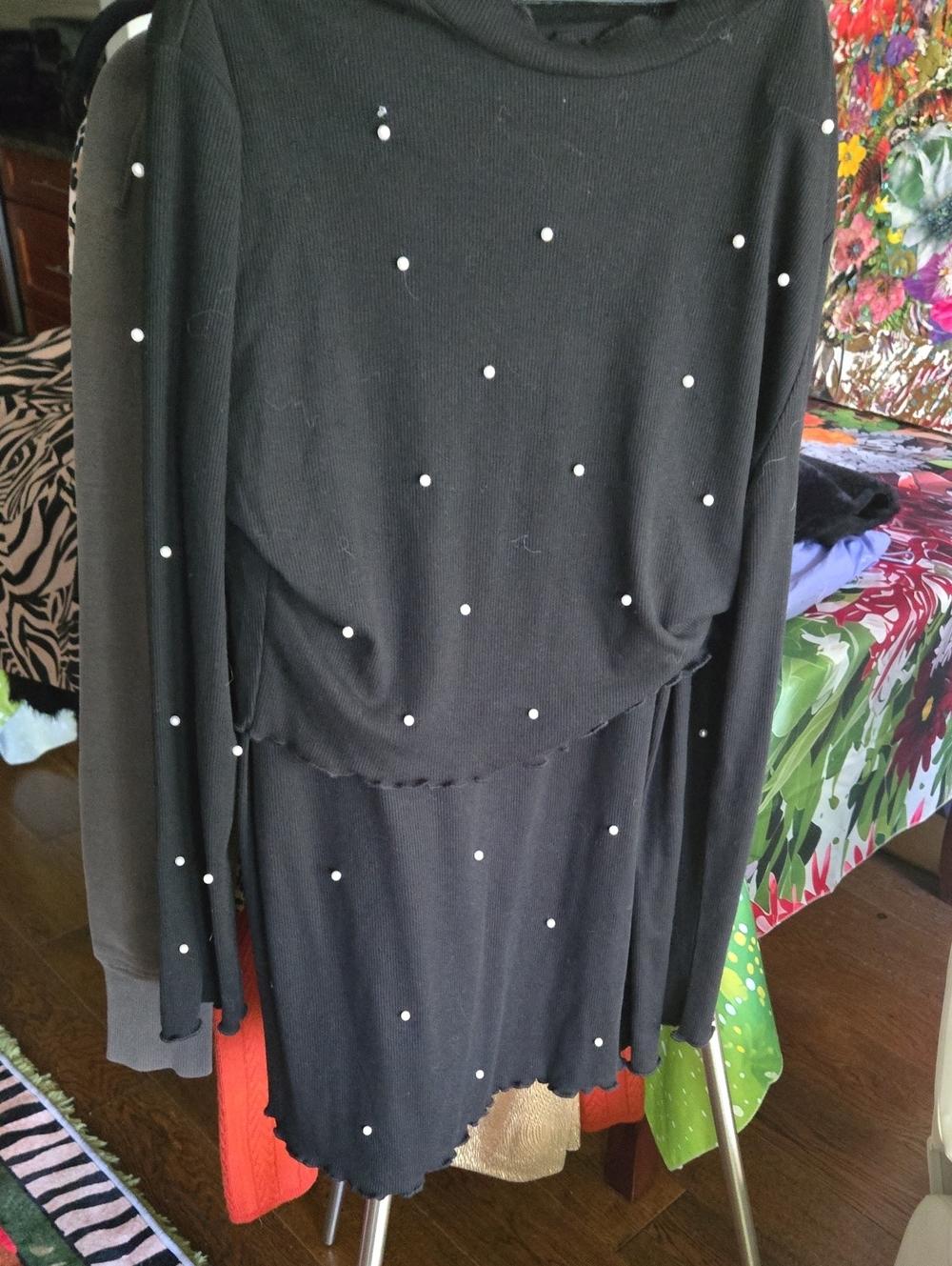 Black Pearl-Embellished Long Sleeve Sweater And Skirt